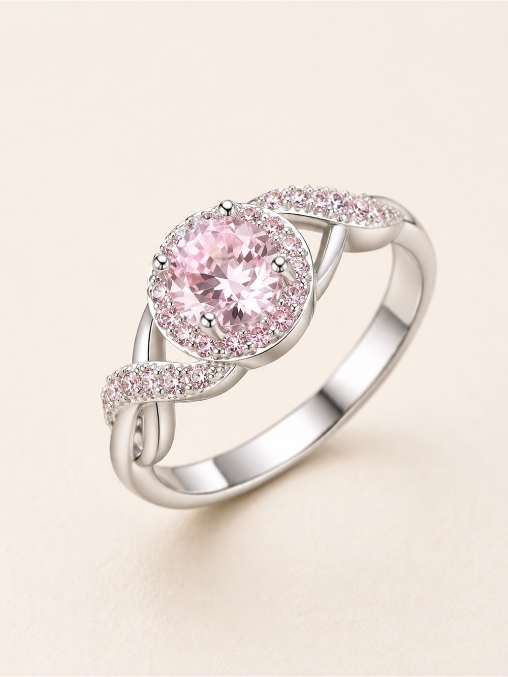 Pink & White Cubic Zirconia Antique Style Engagement Ring Silver Tone Round Halo